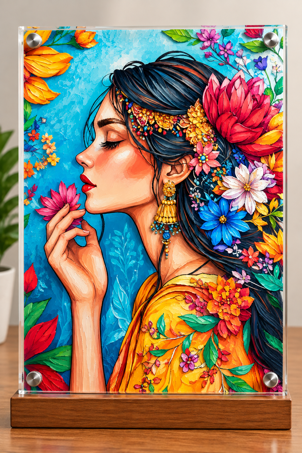 Indian Woman Floral Portrait Acrylic Wall Art