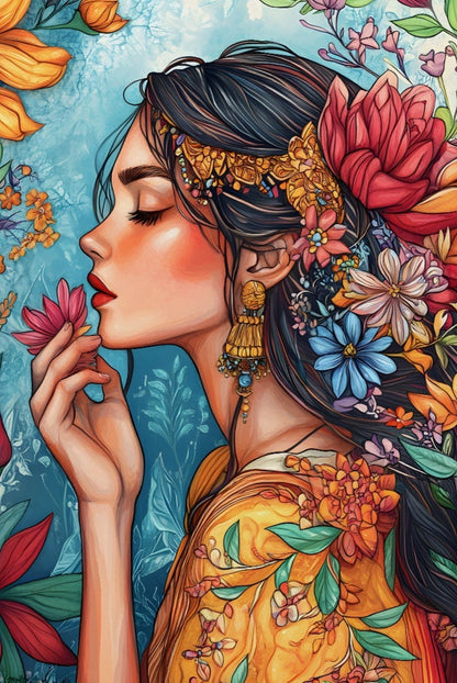 Indian Woman Floral Portrait Acrylic Wall Art