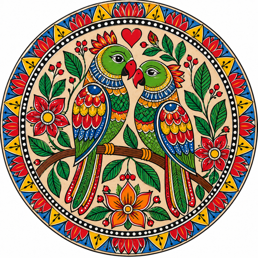 Kalamkari Love Birds Parrot Couple with Floral Mandala Engraved MDF Wall Art- - DIY - Pre-Marked MDF