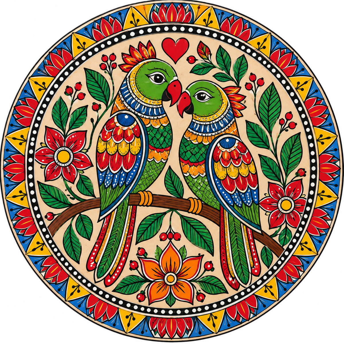 Kalamkari Love Birds Parrot Couple with Floral Mandala Engraved MDF Wall Art- - DIY - Pre-Marked MDF