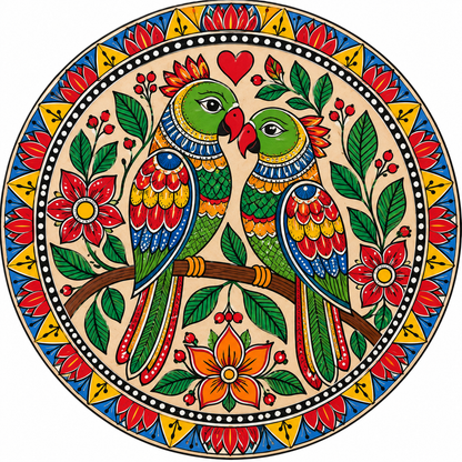 Kalamkari Love Birds Parrot Couple with Floral Mandala Engraved MDF Wall Art- - DIY - Pre-Marked MDF