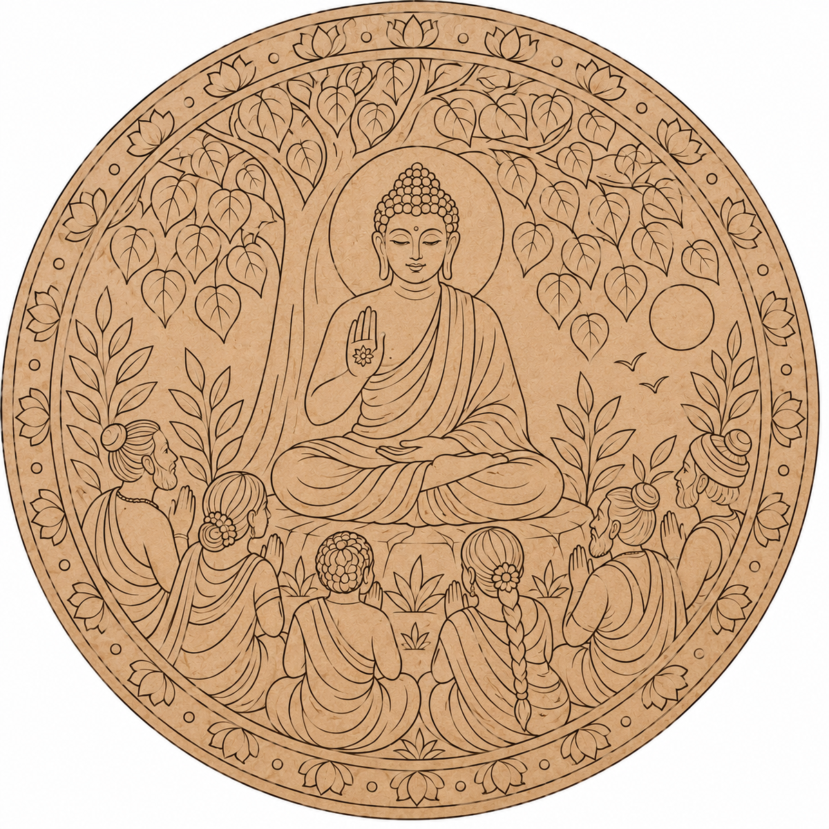 Buddha Under Bodhi Tree with Devotees Engraved MDF Wall Art - DIY - Pre-Marked MDF