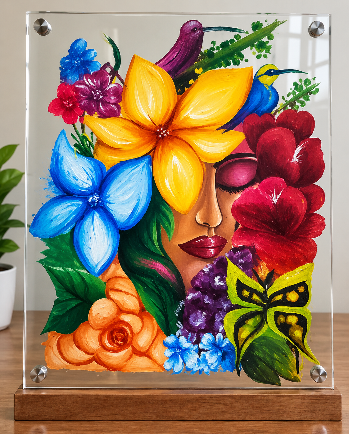 Floral Woman with Birds and Butterfly Acrylic Wall Art