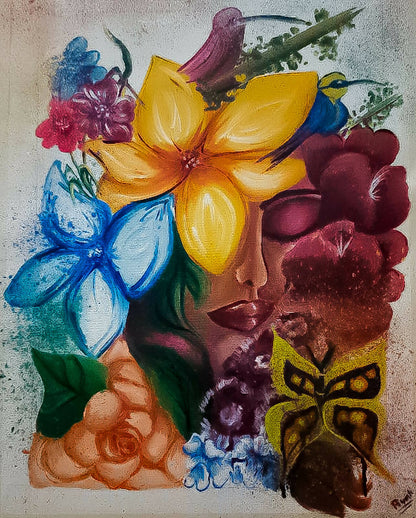 Floral Woman with Birds and Butterfly Acrylic Wall Art