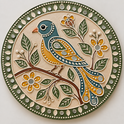 Meenakari Bird on Branch with Floral Garden Engraved MDF Wall Art - DIY - Pre-Marked MDF