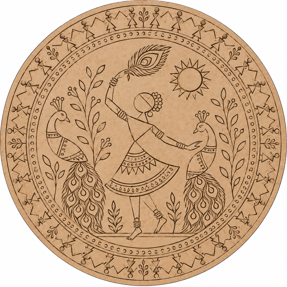 Warli Dancing Lady with Peacocks Engraved MDF Wall Art - DIY - Pre-Marked MDF
