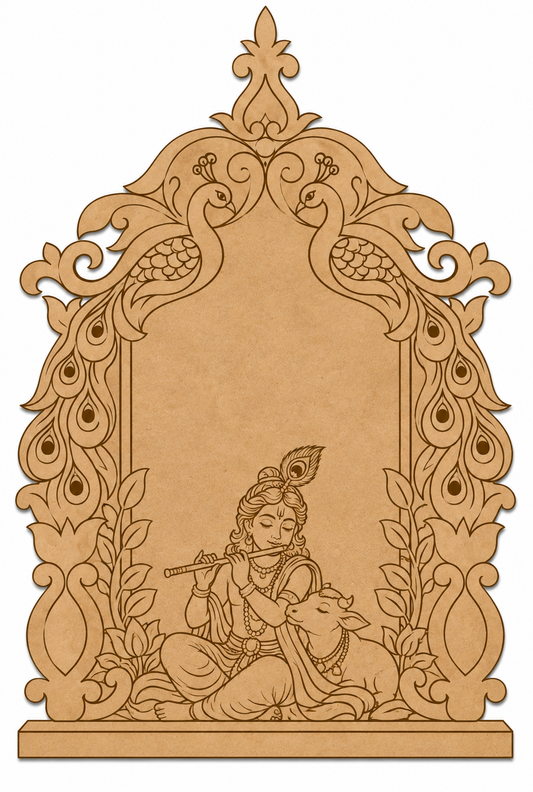 Krishna with Calf Peacock Arch Photo Frame Engraved MDF Wall Art & Mandir Back Panel - DIY - Pre-Marked MDF