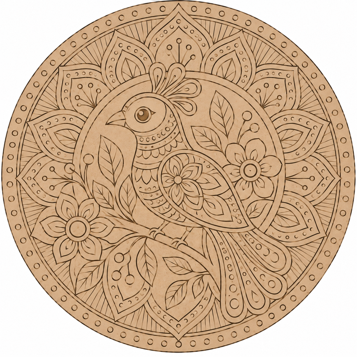 Floral Mandala Bird on Branch Engraved MDF Wall Art - DIY Craft