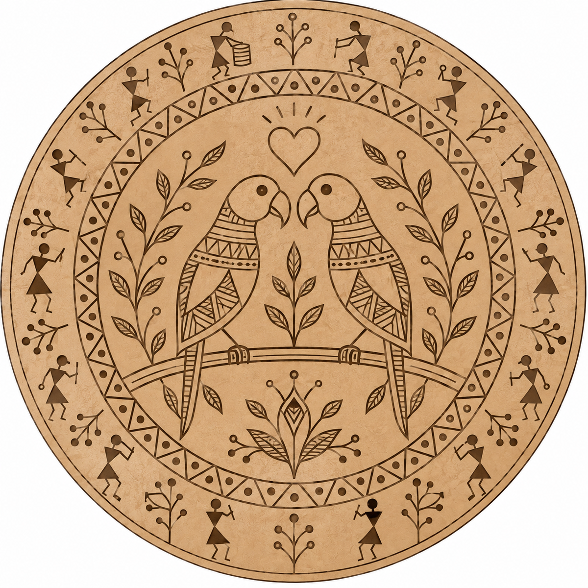 Warli Love Birds Parrot Couple with Village Life Engraved MDF Wall Art - DIY - Pre-Marked MDF