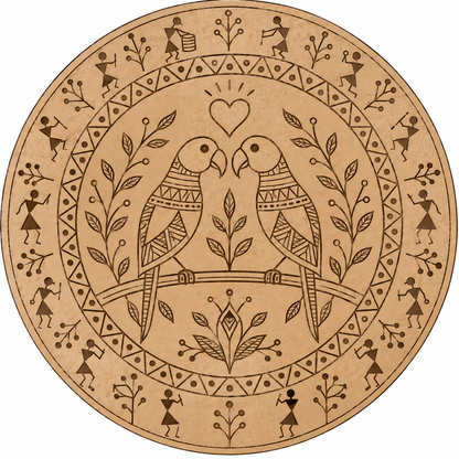 Warli Love Birds Parrot Couple with Village Life Engraved MDF Wall Art - DIY - Pre-Marked MDF
