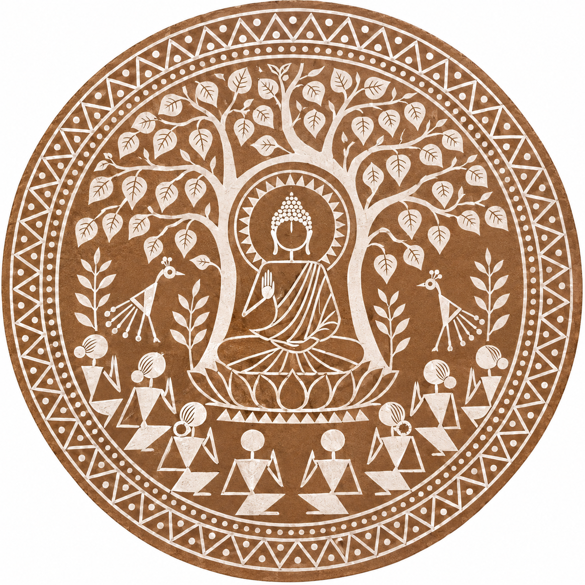 Madhubani Buddha Under Bodhi Tree with Lotus Throne, Deer & Devotees Engraved MDF Wall Art - DIY - Pre-Marked MDF