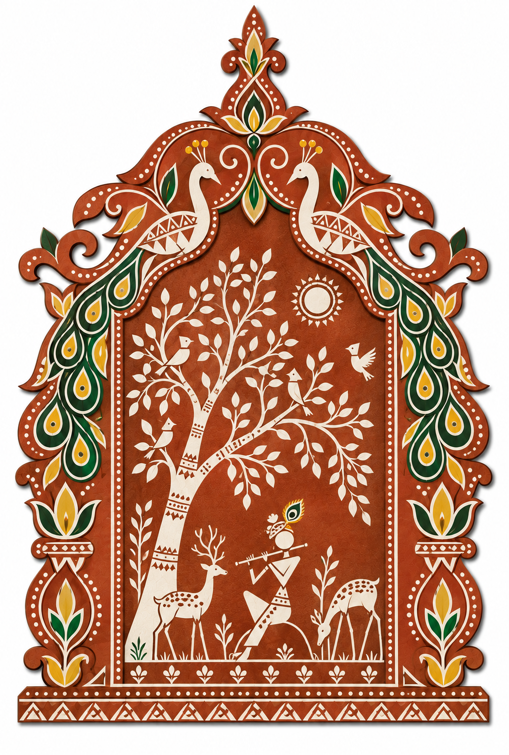 Warli Krishna Playing Flute in Vrindavan Jharokha Engraved MDF Wall Art - DIY - Pre-Marked MDF