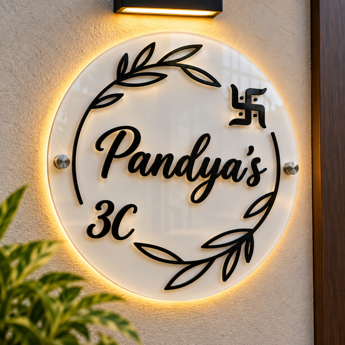 Personalized Round Backlit Name Plate with Swastik - White+Black Acrylic