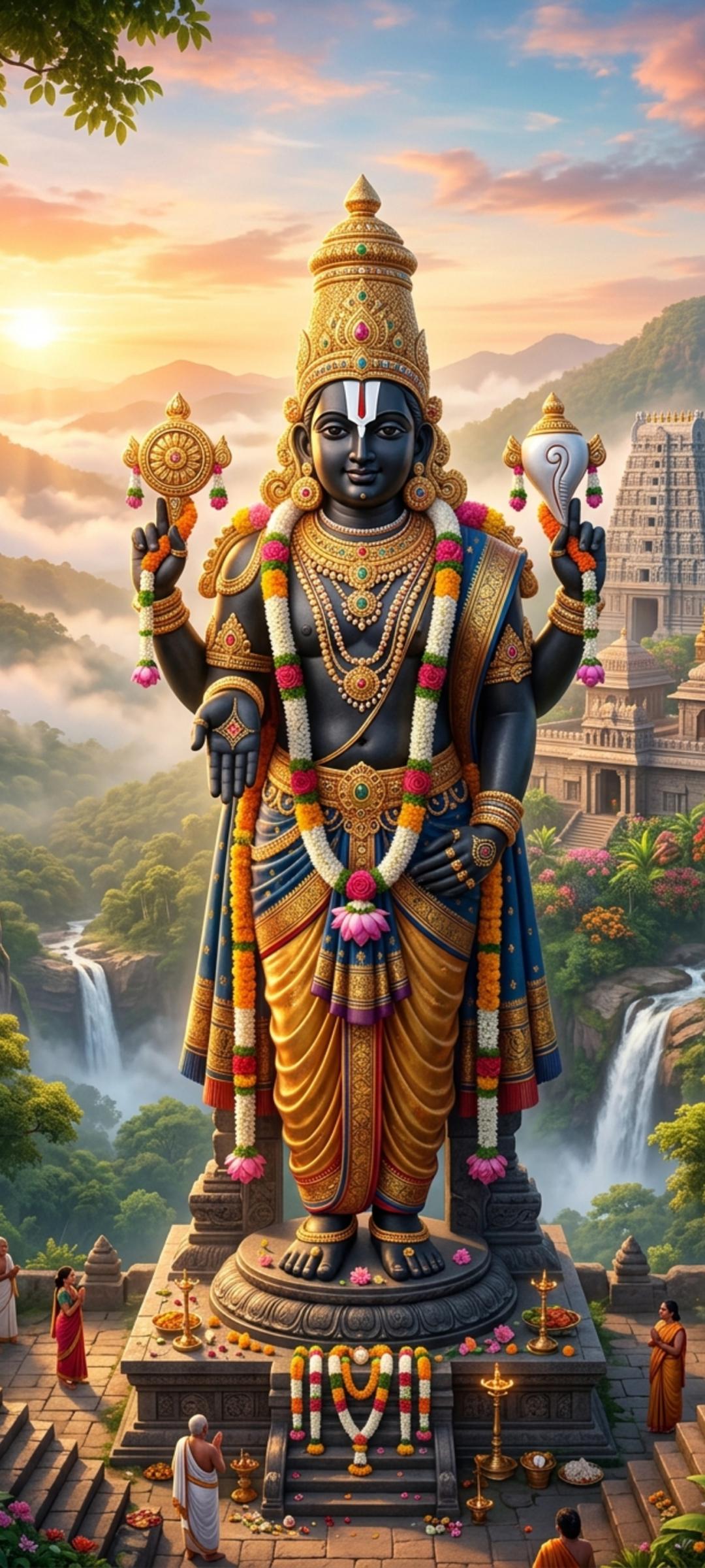 Lord Venkateswara temple acrylic wall art displayed with four metallic corner mounts