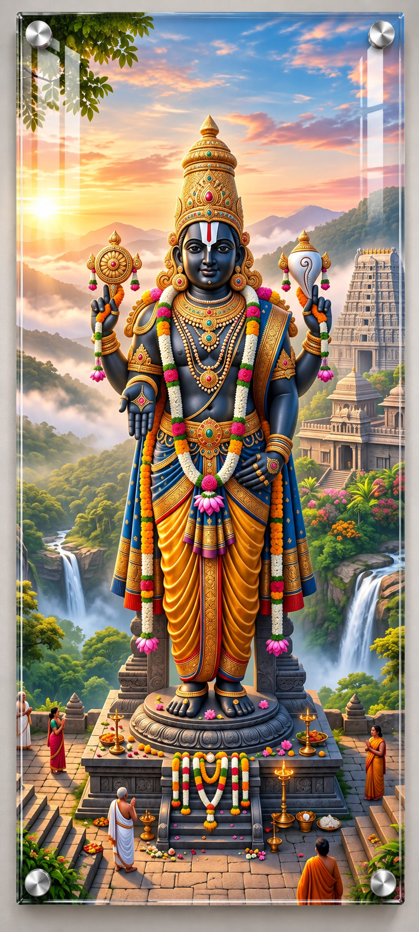 Lord Venkateswara standing before a temple landscape with sunrise, mountains and waterfalls