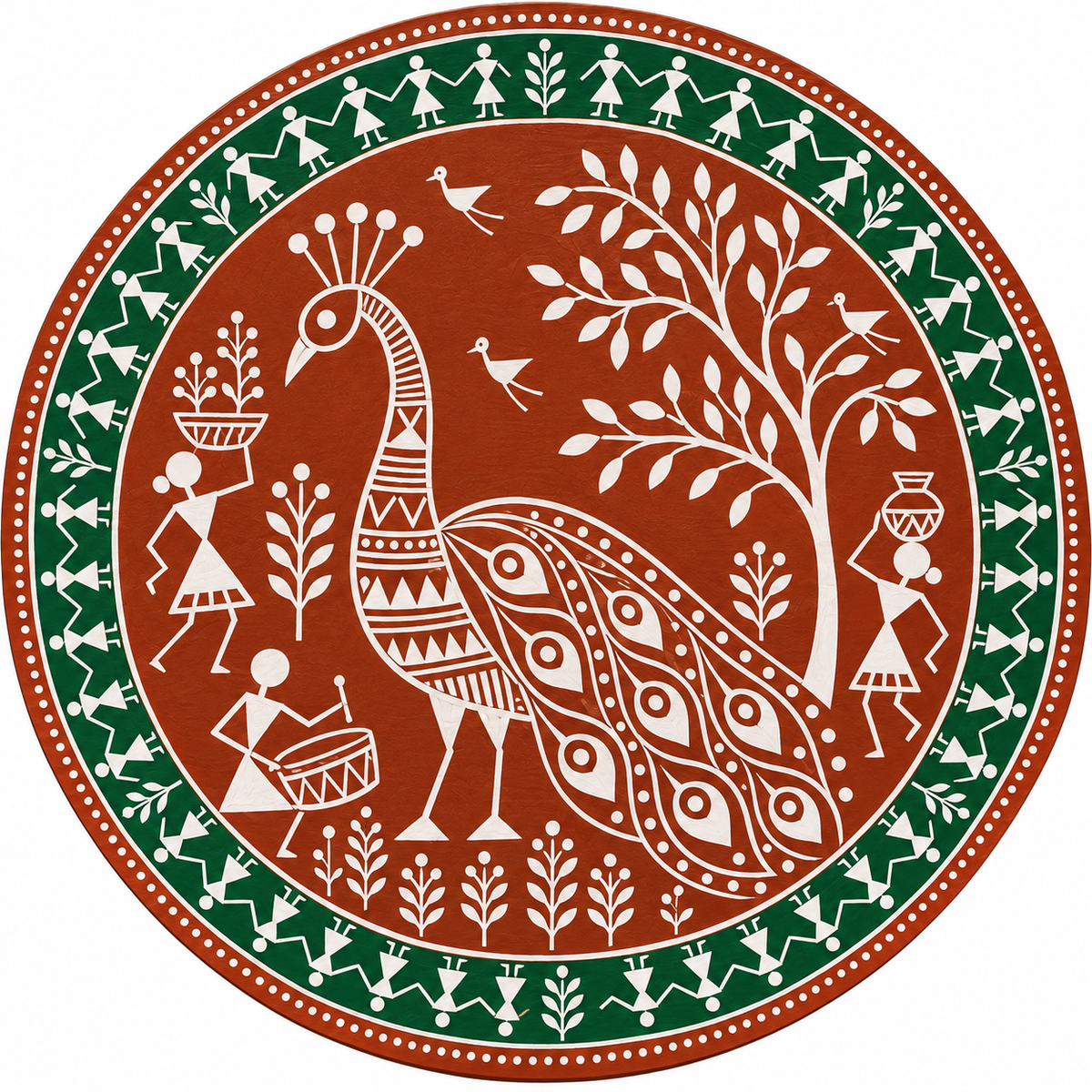 Warli Peacock with Tribal Village Life Engraved MDF Wall Art - DIY - Pre-Marked MDF