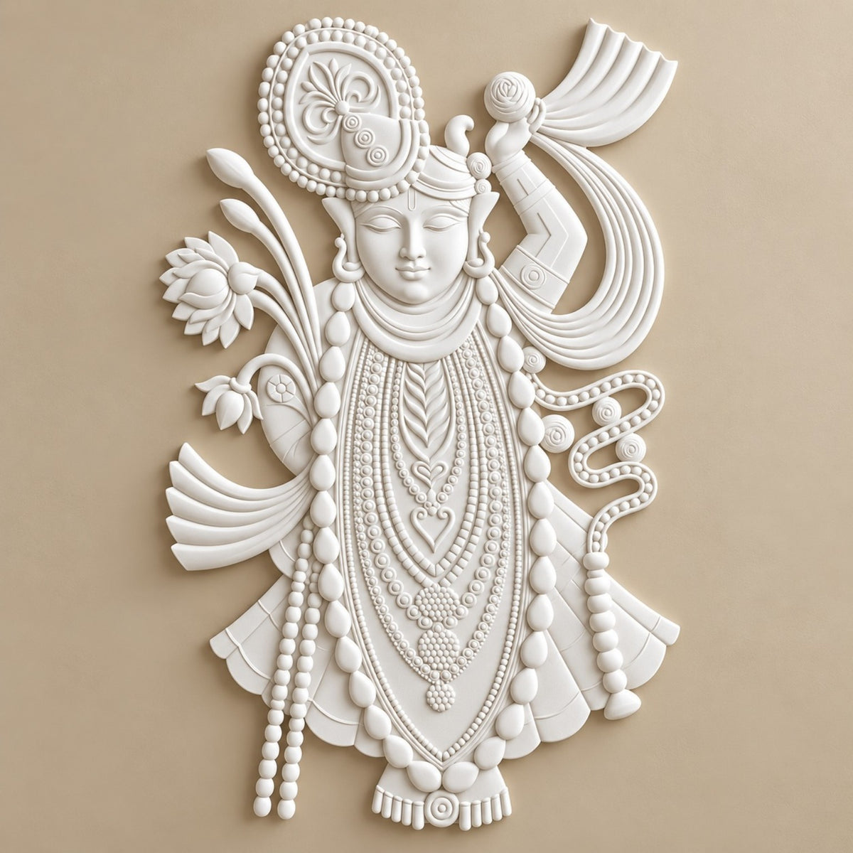White 3D Lord Krishna PU relief wall art