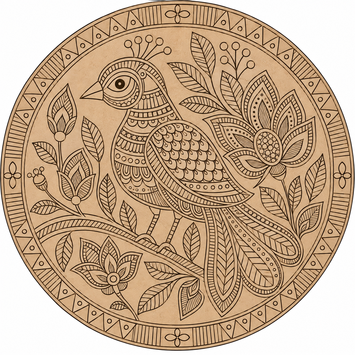 Madhubani Bird on Branch with Lotus & Foliage Engraved MDF Wall Art - DIY - Pre-Marked MDF