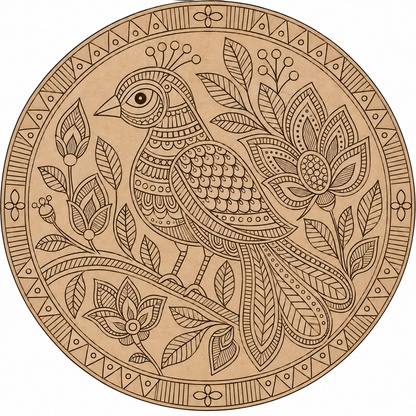 Madhubani Bird on Branch with Lotus & Foliage Engraved MDF Wall Art - DIY - Pre-Marked MDF
