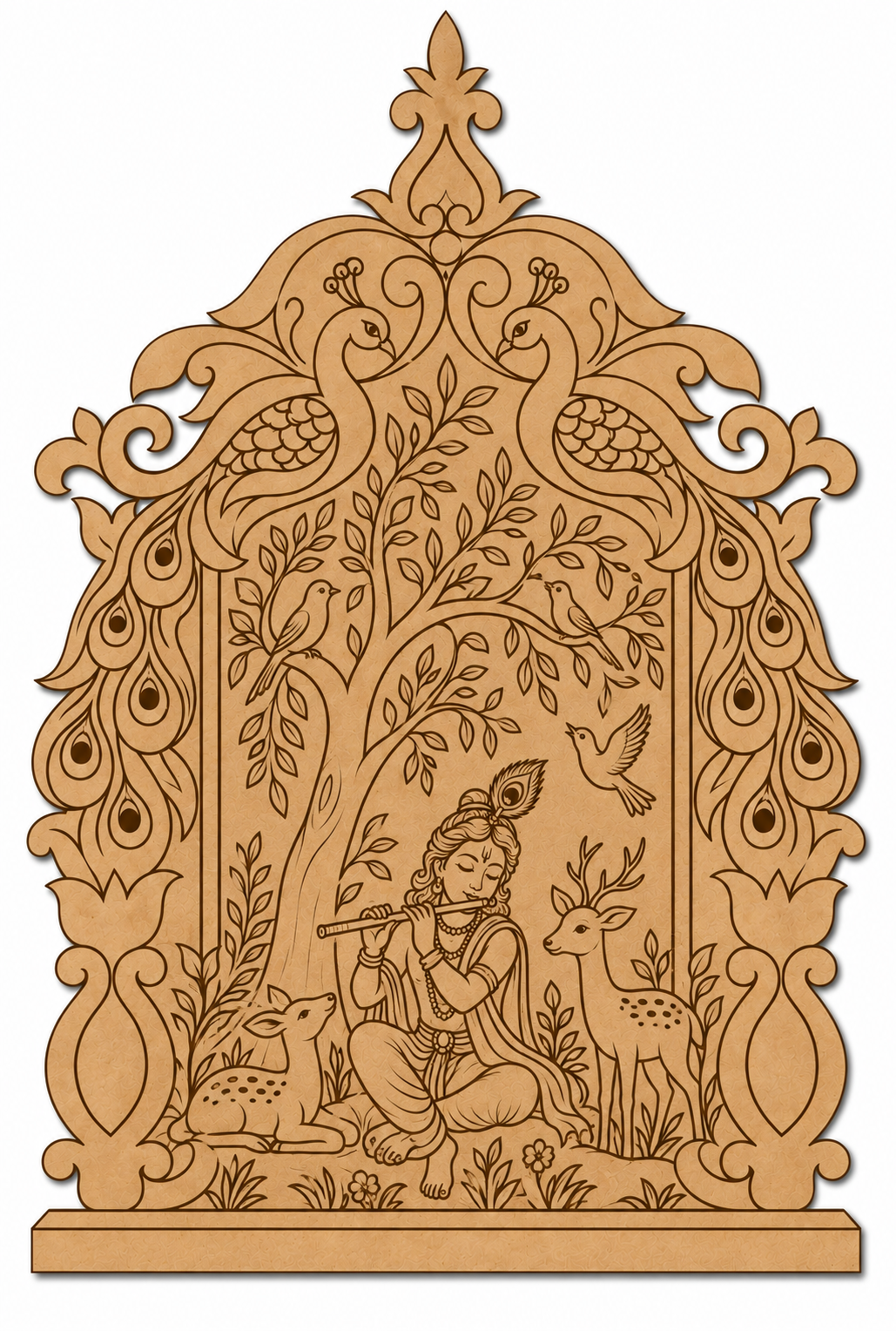 Krishna Playing Flute in Vrindavan Jharokha Engraved MDF Wall Art - DIY - Pre-Marked MDF