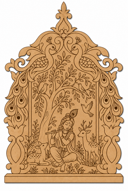 Krishna Playing Flute in Vrindavan Jharokha Engraved MDF Wall Art - DIY - Pre-Marked MDF