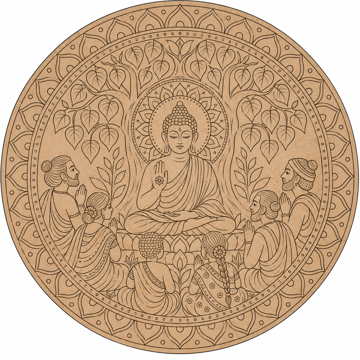 Kalamkari Buddha Under Bodhi Tree with Lotus Throne & Mandala Border Engraved MDF Wall Art - DIY - Pre-Marked MDF