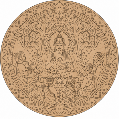 Kalamkari Buddha Under Bodhi Tree with Lotus Throne & Mandala Border Engraved MDF Wall Art - DIY - Pre-Marked MDF
