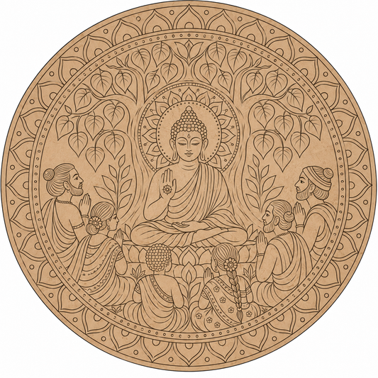 Kalamkari Buddha Under Bodhi Tree with Lotus Throne & Mandala Border Engraved MDF Wall Art - DIY - Pre-Marked MDF