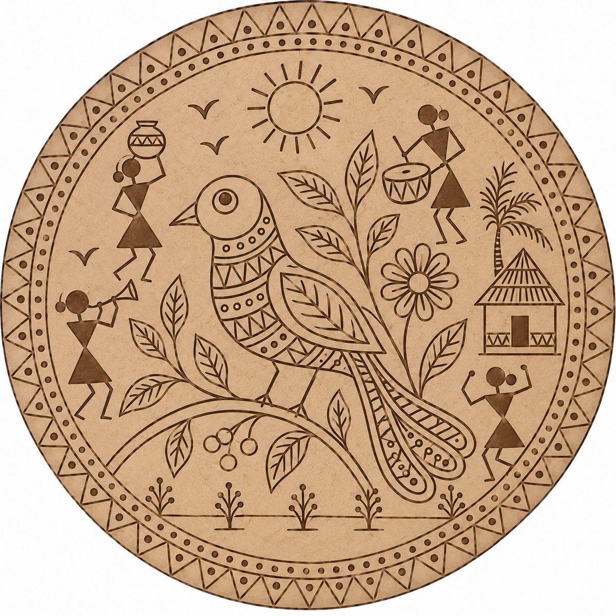 Warli Bird with Village Life & Sun Engraved MDF Wall Art - DIY - Pre-Marked MDF