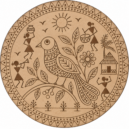 Warli Bird with Village Life & Sun Engraved MDF Wall Art - DIY - Pre-Marked MDF