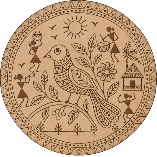 Warli Bird with Village Life & Sun Engraved MDF Wall Art - DIY - Pre-Marked MDF