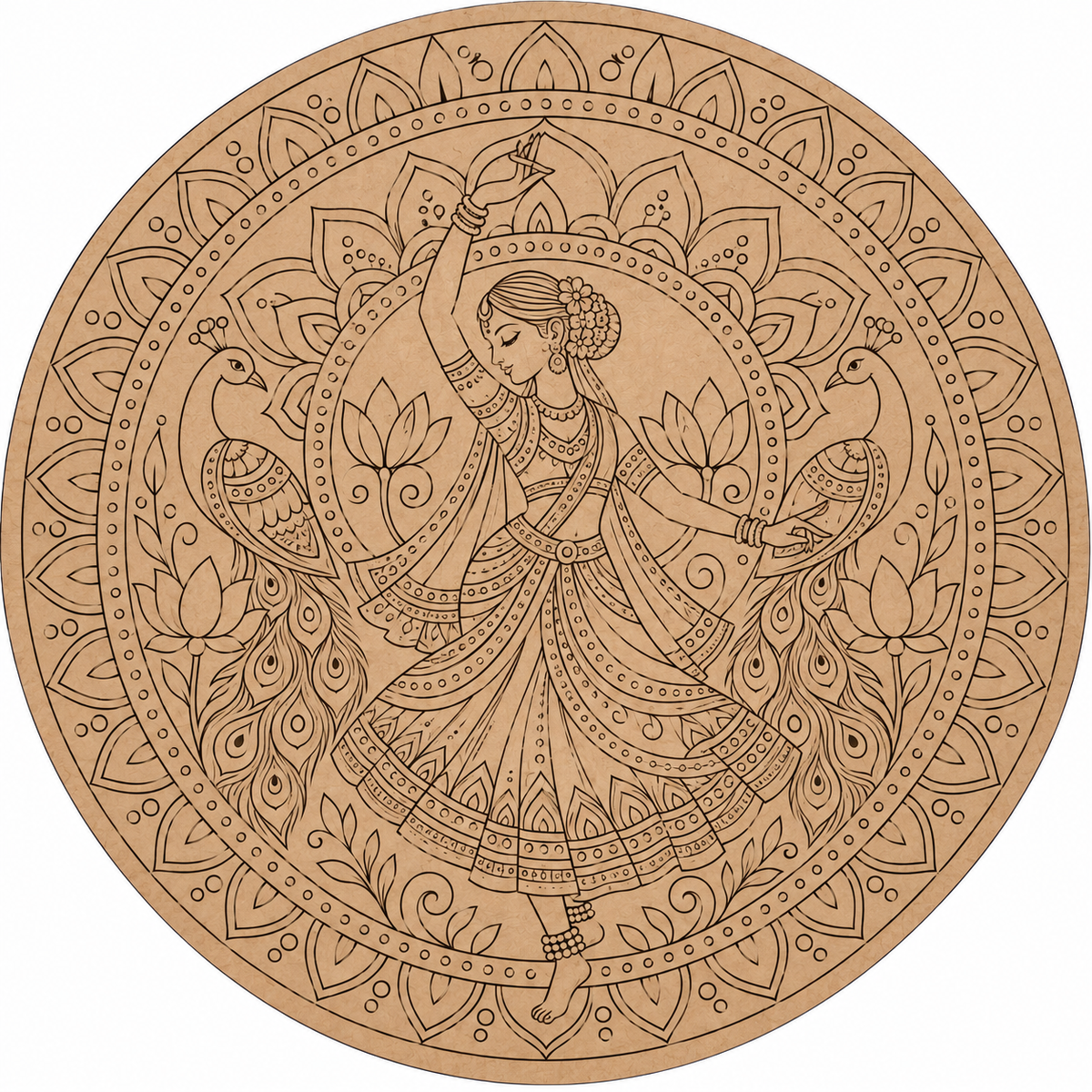 Pattachitra Dancing Lady with Peacocks Engraved MDF Wall Art - DIY - Pre-Marked MDF