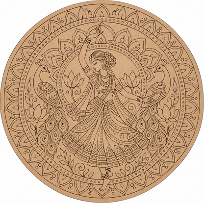 Pattachitra Dancing Lady with Peacocks Engraved MDF Wall Art - DIY - Pre-Marked MDF