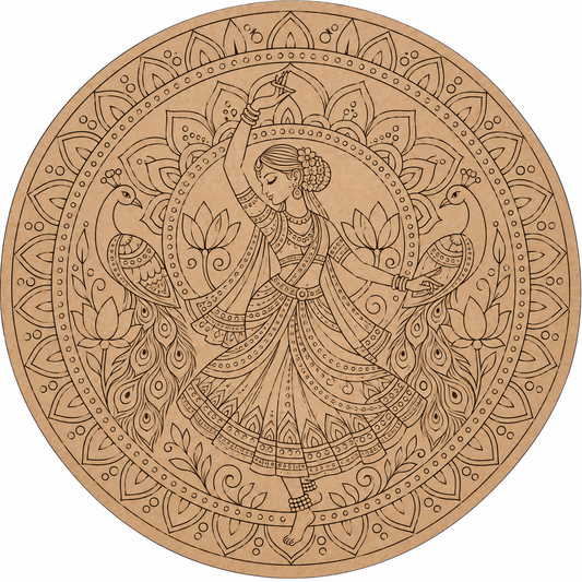 Pattachitra Dancing Lady with Peacocks Engraved MDF Wall Art - DIY - Pre-Marked MDF