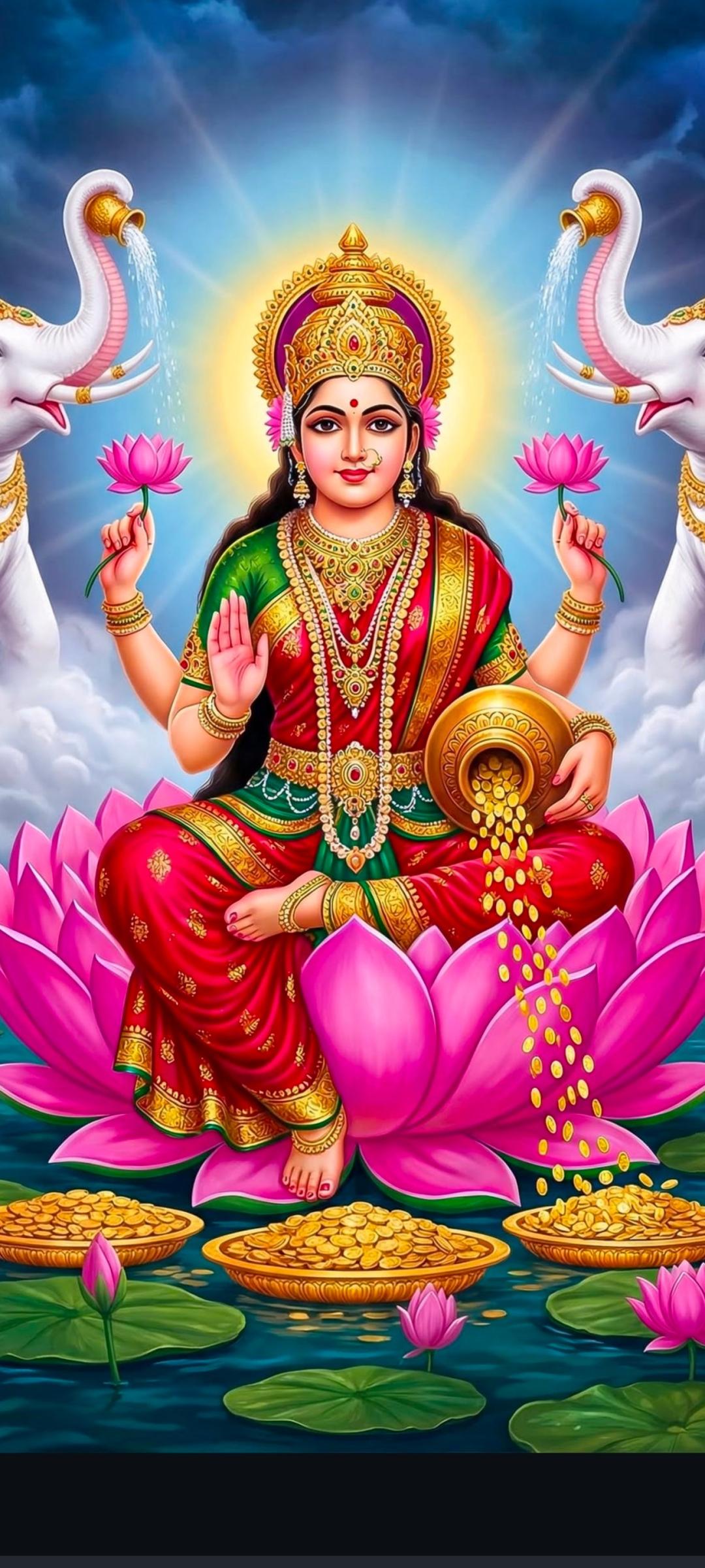 Goddess Lakshmi seated on a pink lotus with elephants, lotus flowers and cascading gold coins