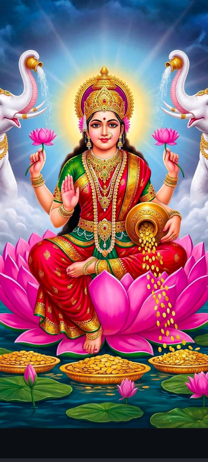 Goddess Lakshmi seated on a pink lotus with elephants, lotus flowers and cascading gold coins