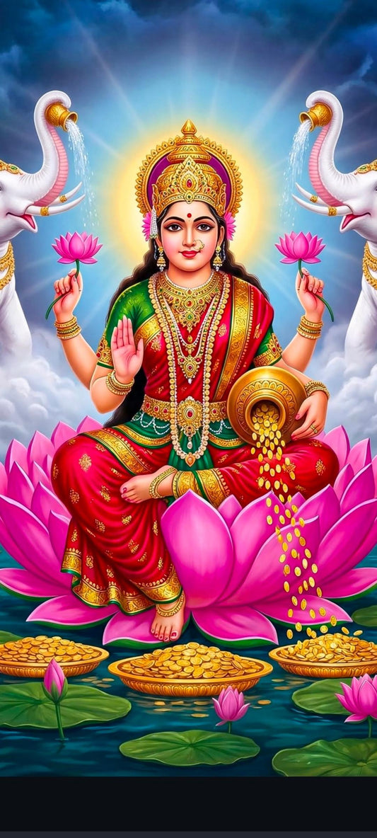 Goddess Lakshmi seated on a pink lotus with elephants, lotus flowers and cascading gold coins