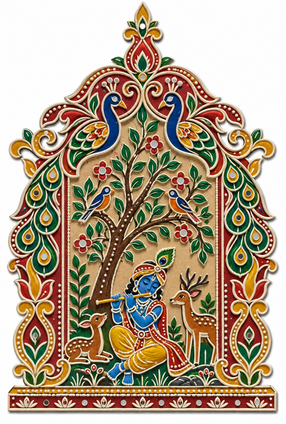 Pattachitra Krishna Playing Flute in Vrindavan Jharokha Engraved MDF Wall Art - DIY - Pre-Marked MDF