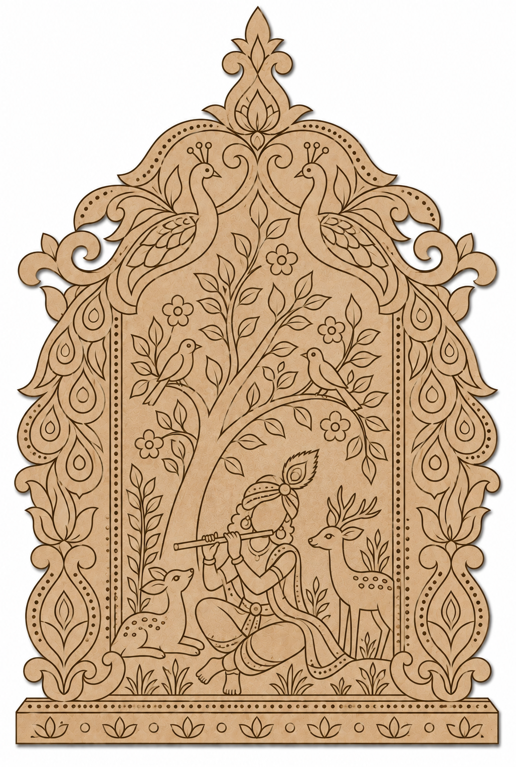 Pattachitra Krishna Playing Flute in Vrindavan Jharokha Engraved MDF Wall Art - DIY - Pre-Marked MDF