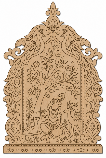 Pattachitra Krishna Playing Flute in Vrindavan Jharokha Engraved MDF Wall Art - DIY - Pre-Marked MDF