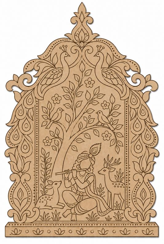 Pattachitra Krishna Playing Flute in Vrindavan Jharokha Engraved MDF Wall Art - DIY - Pre-Marked MDF