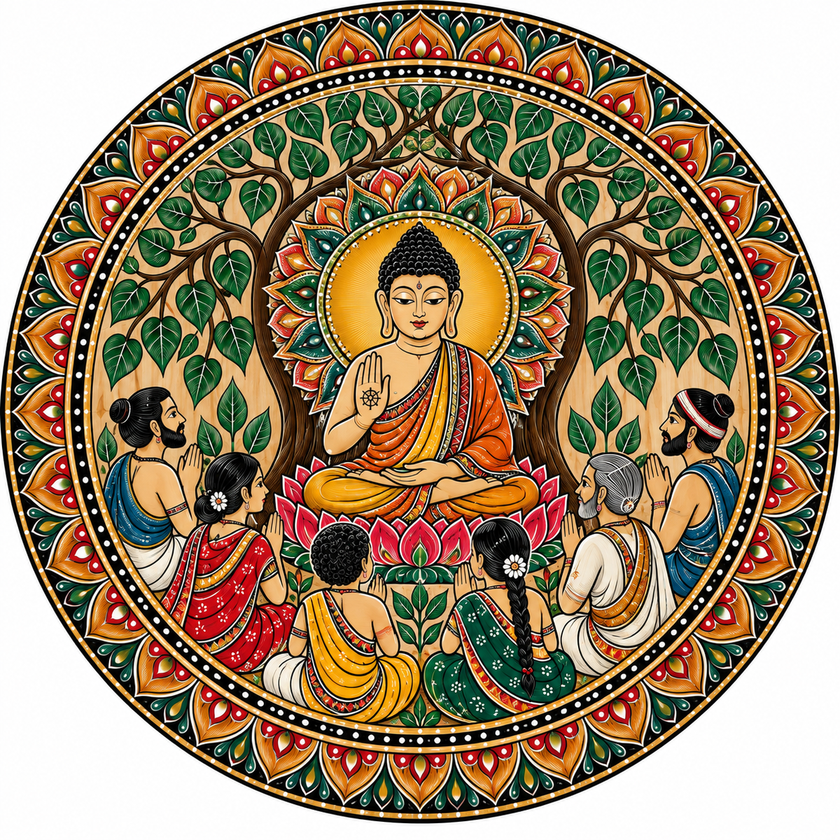 Kalamkari Buddha Under Bodhi Tree with Lotus Throne & Mandala Border Engraved MDF Wall Art - DIY - Pre-Marked MDF