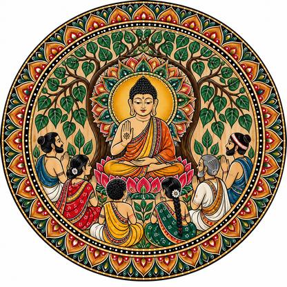 Kalamkari Buddha Under Bodhi Tree with Lotus Throne & Mandala Border Engraved MDF Wall Art - DIY - Pre-Marked MDF