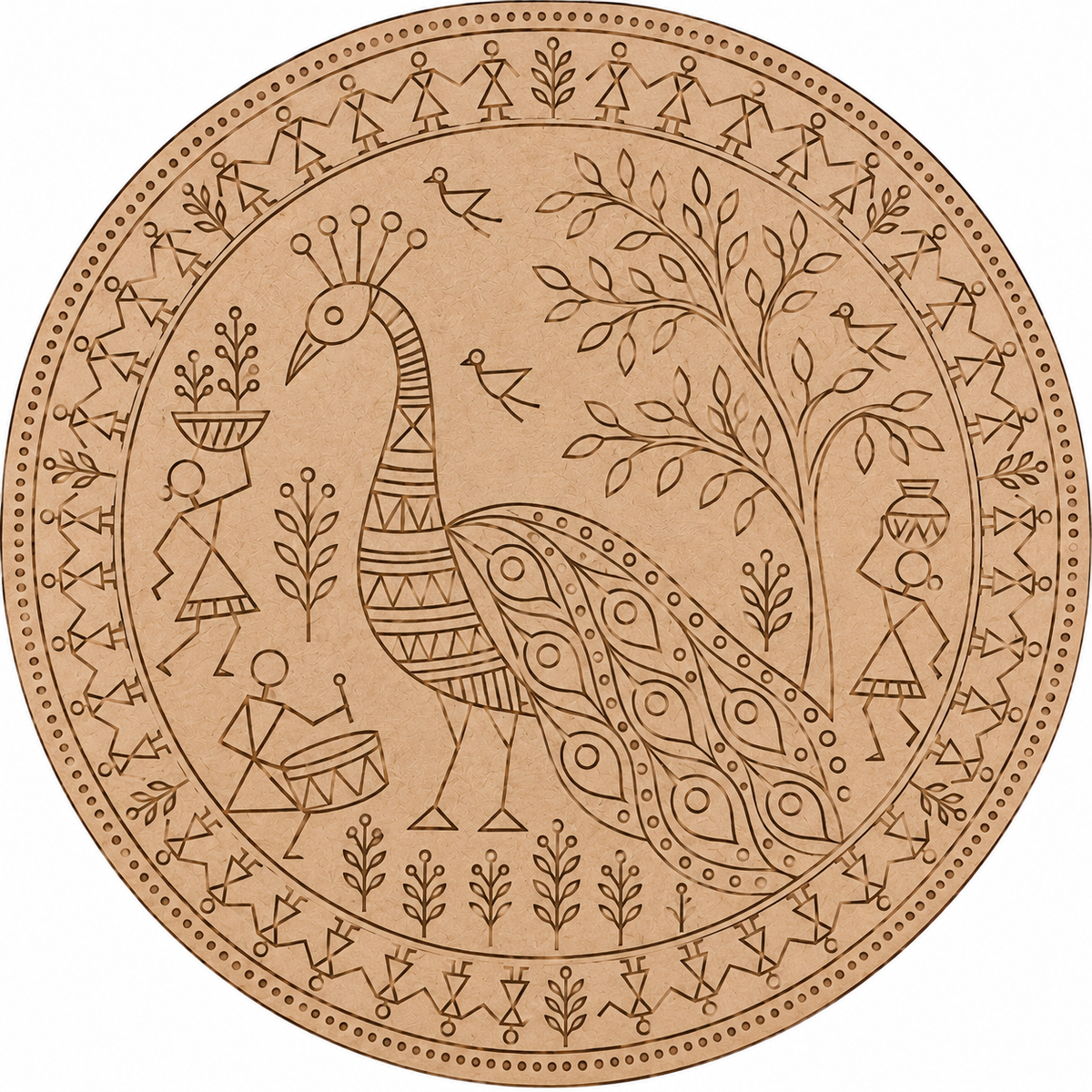 Warli Peacock with Tribal Village Life Engraved MDF Wall Art - DIY - Pre-Marked MDF