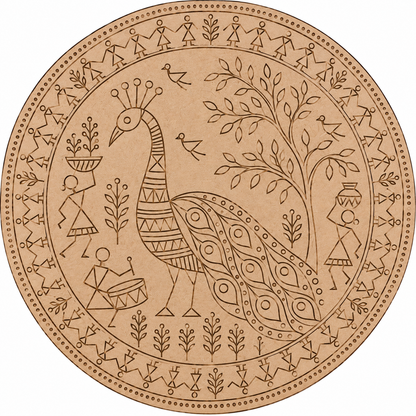 Warli Peacock with Tribal Village Life Engraved MDF Wall Art - DIY - Pre-Marked MDF