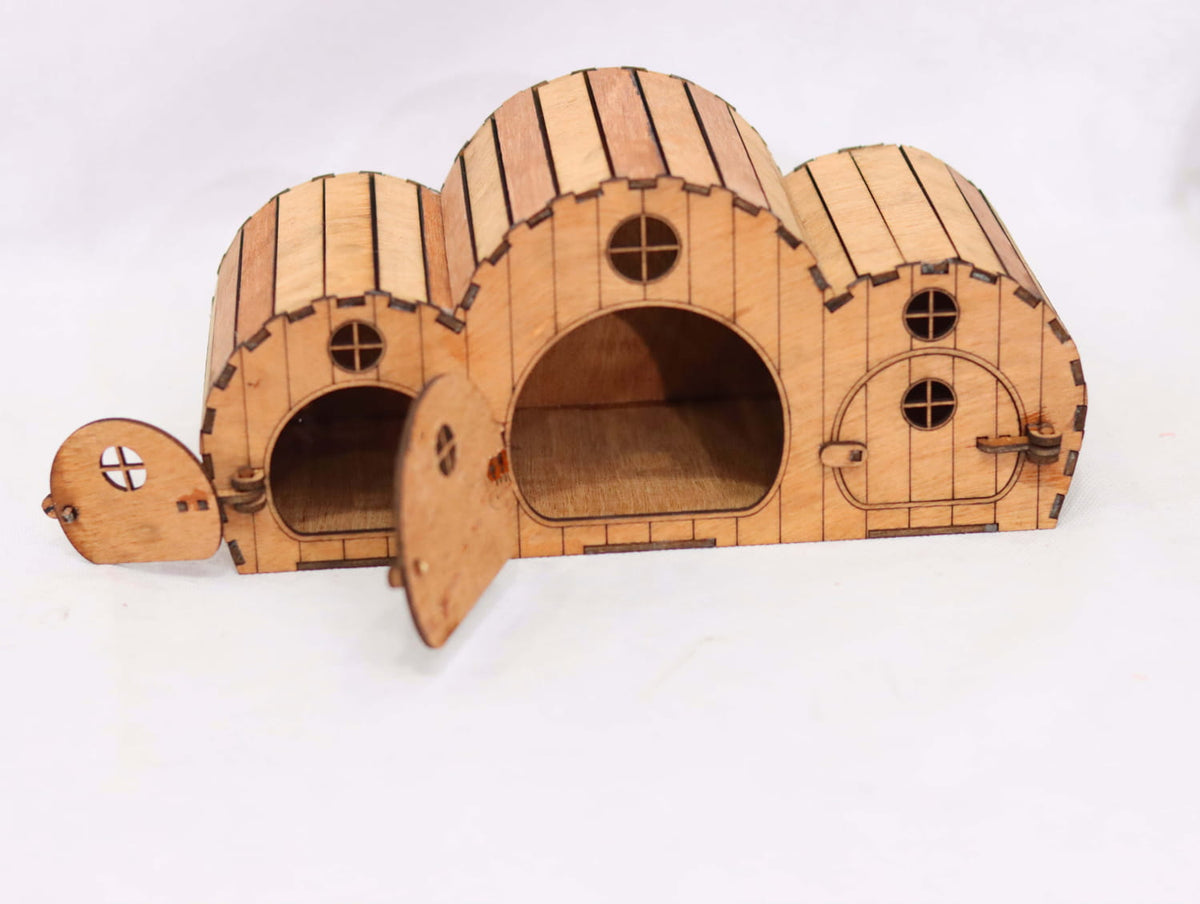 DIY Wooden Hamster House | Triple-Chamber Small Pet Habitat | Pine MDF