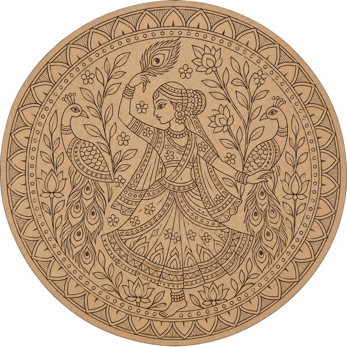 Madhubani Dancing Lady with Peacocks Engraved MDF Wall Art - DIY - Pre-Marked MDF