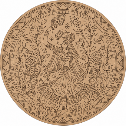 Madhubani Dancing Lady with Peacocks Engraved MDF Wall Art - DIY - Pre-Marked MDF
