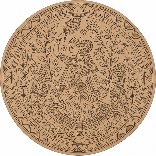 Madhubani Dancing Lady with Peacocks Engraved MDF Wall Art - DIY - Pre-Marked MDF