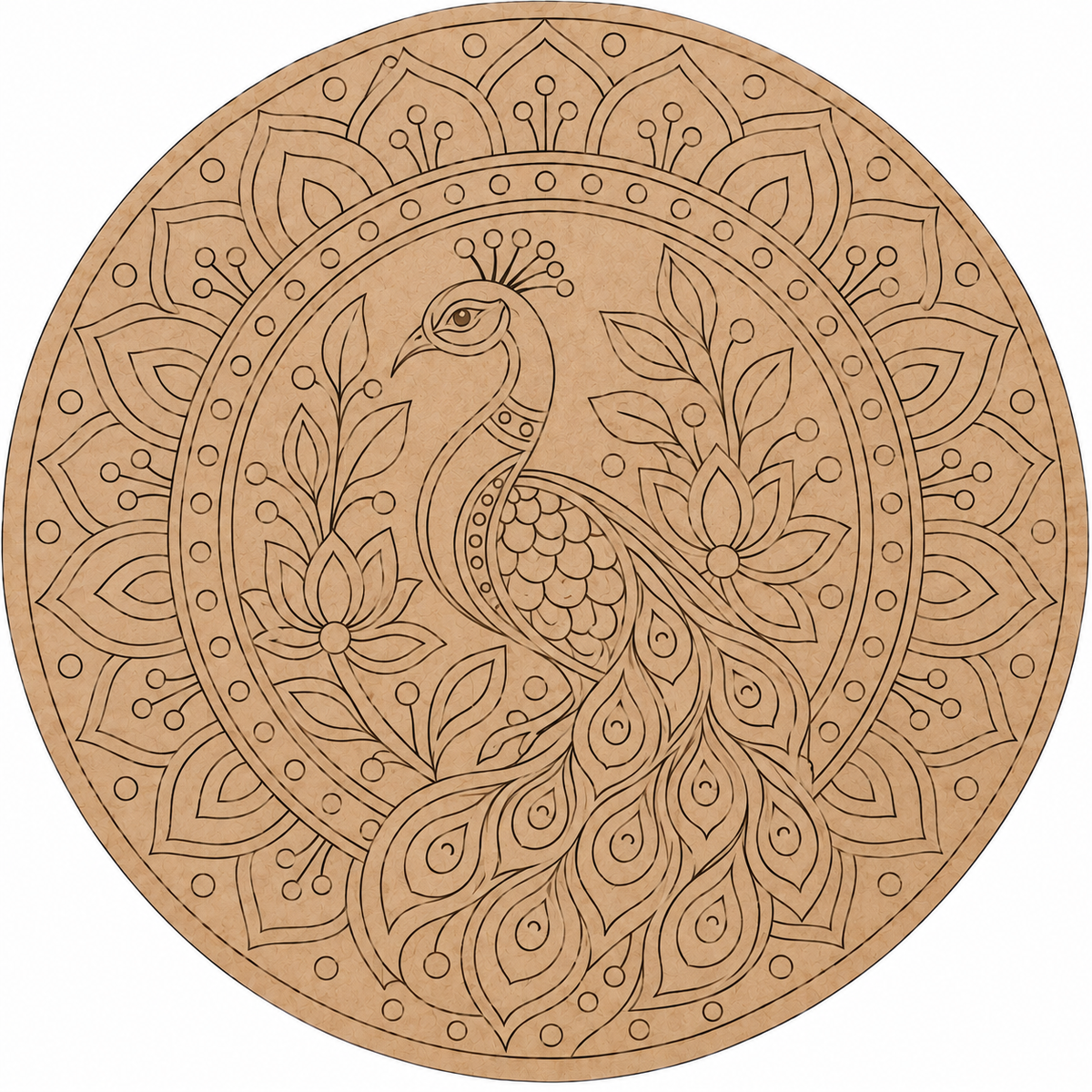 Peacock in Floral Mandala Engraved MDF Wall Art - DIY - Pre-Marked MDF